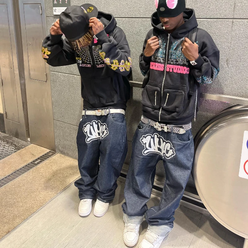 Y2K Men Jeans Streetwear tlačené listy Čierne vinobranie nohavice 2023 New Harajuku Fashion Casual Loose Men Rock Edeleg Baggy Jeans