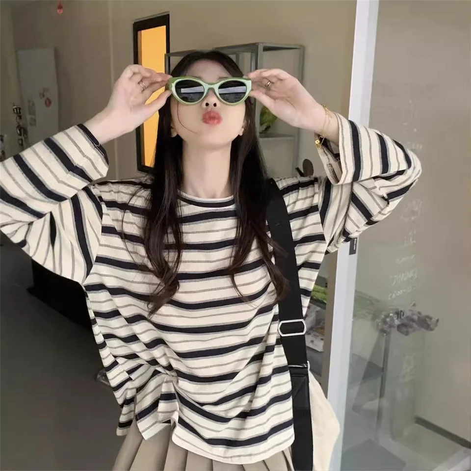 Y2K Miklá mikina s dlhým rukávom Kórejské módne pruhované tričko Patchwork Harajuku Streetwear Pullovers Gothic Tops Dámske oblečenie