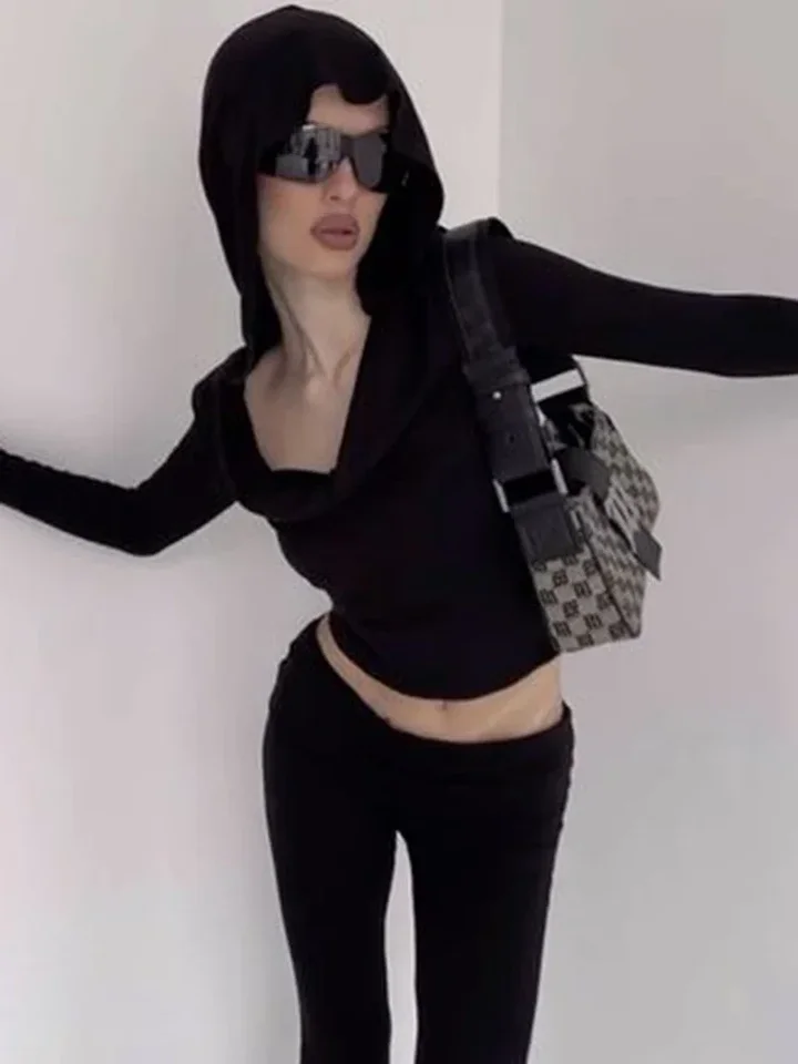 Y2K móda tmavá tenká snohé s kapucňou orezané alt t košeľa dám gotický elegantný masívny lomový krk s dlhým rukávom Emo 2024 nové streetwear