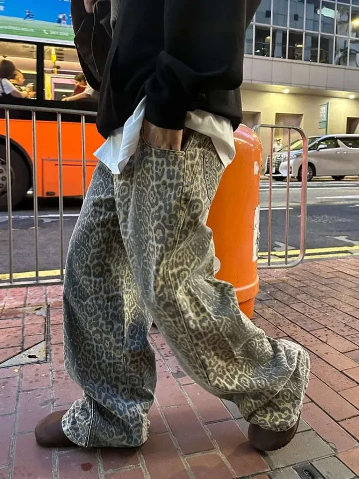 Y2K New Harajuku Retro retro umyté leopardové nohavice hip-hop High pás Vysoký pás Rovné džínsy Pánsky punk pouličný kostým gotické nohavice široké nohavice
