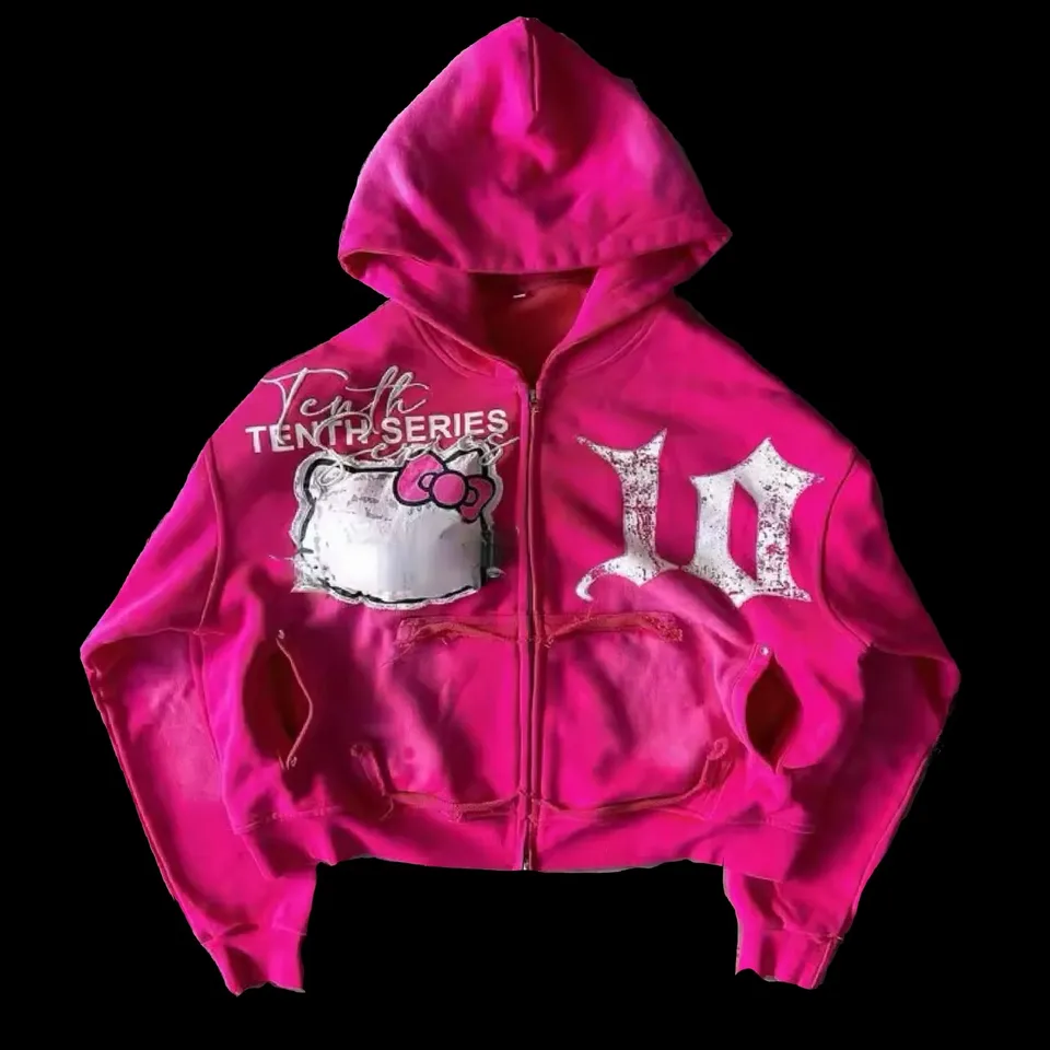 Y2K New Pink Zipper Hoodies Hoodies Harajuku Príležitostný kreslený list Grafika Vyšívané mikiny gotické jeseň zimné topy Men ženy