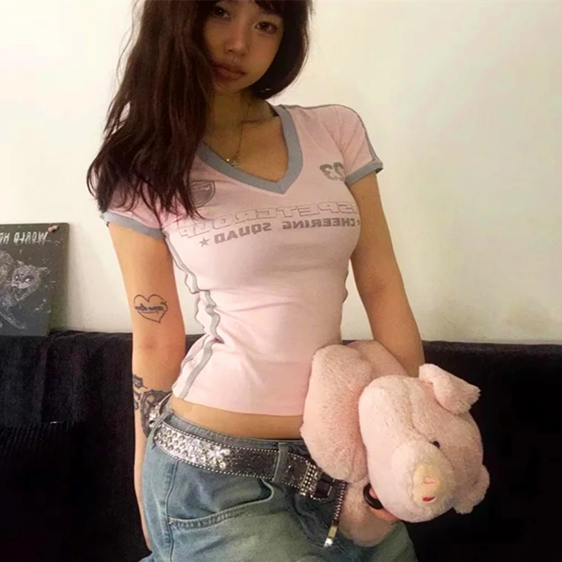 Y2K Patchwork Streetwear T tričká Ženy Americký retro list Dizajn sexy v krku štíhle Skinny Tee Tops
