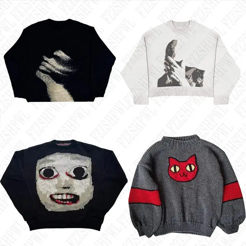 Y2K pletený sveter hip hop grafický punk gotický vintage retro portrét streetwear pullover harajuku estetické rockové emo oblečenie emo