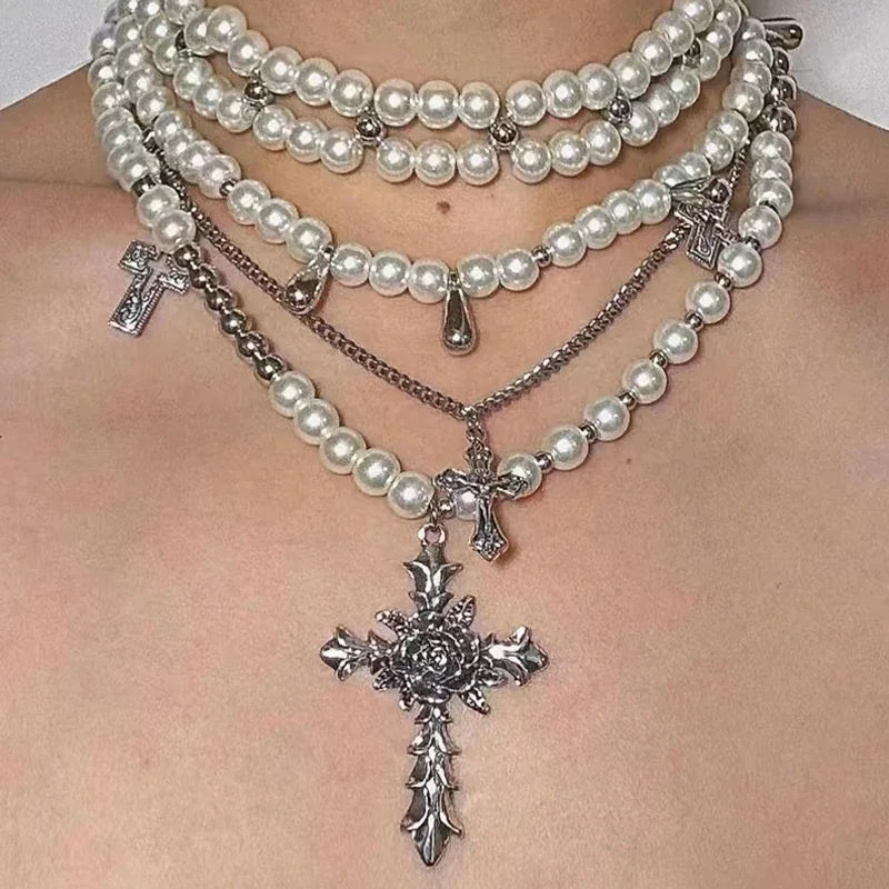 Y2K príslušenstvo Pearl krížové náhrdelníky s viacerými vrstvami Choker Set Charms pre ženy Kórejský módny náhrdelník punk goth šperky