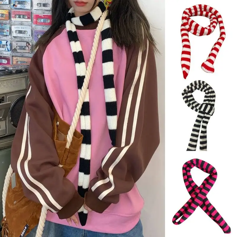 Y2K punk harajuku v štýle Čierna a biela pruhovaná šálka Street konkávne pletené štíhle úzky stuha Príležitostný krk cool šál