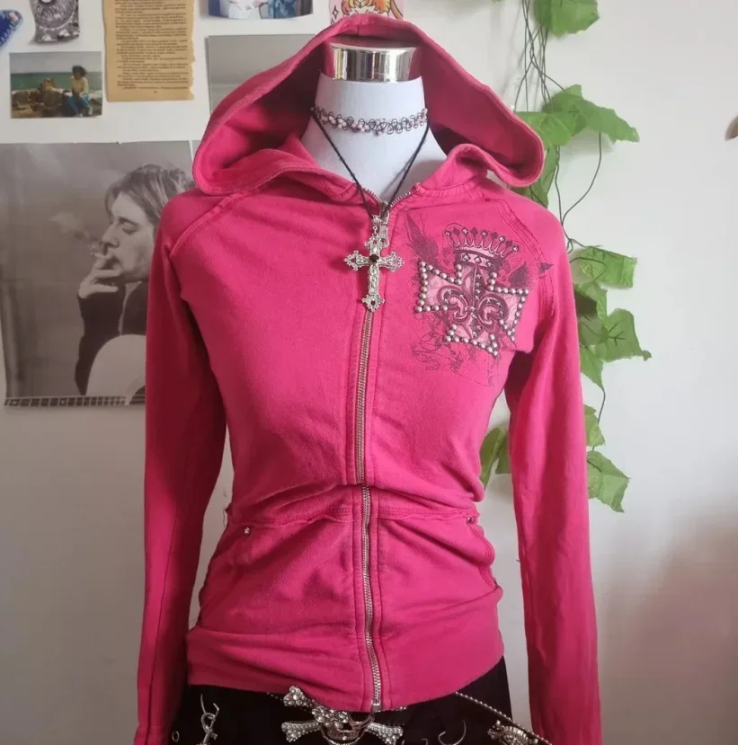 Y2K Retro Niche Design Cross Hot Diamond Slim Slim American Harajuku Fashion Hot Girl Style Style Mardigan zipsová mikina bunda