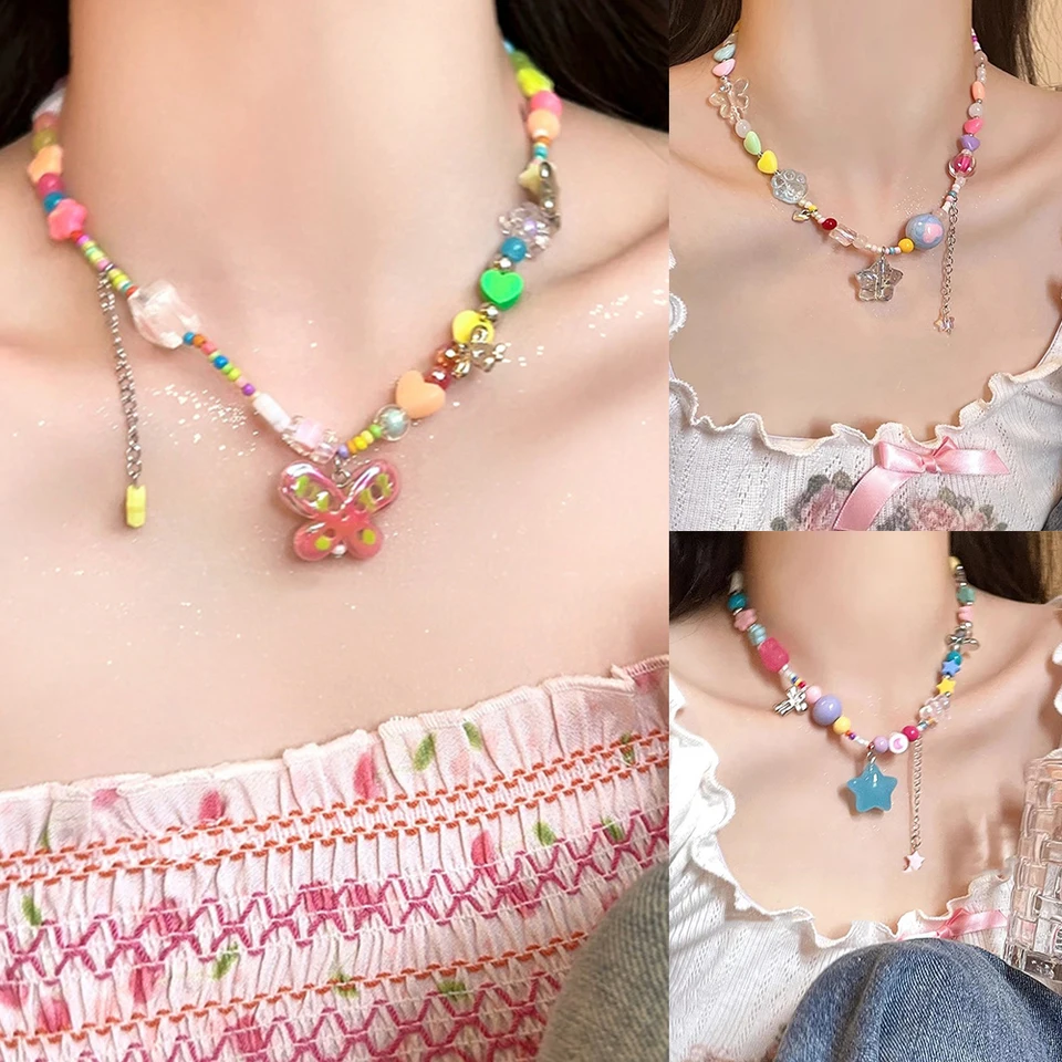 Y2K Star Heart náhrdelníky Dopamine Girl Resin Beading Prívesky