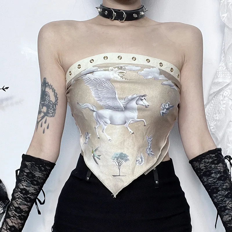 Y2K Strapless Truby Korzet Tops Angel Pattert Tlač Vintage Lady Sexy Slim Slim bez rukávov bez rukávov mimo ramena čínske bruško