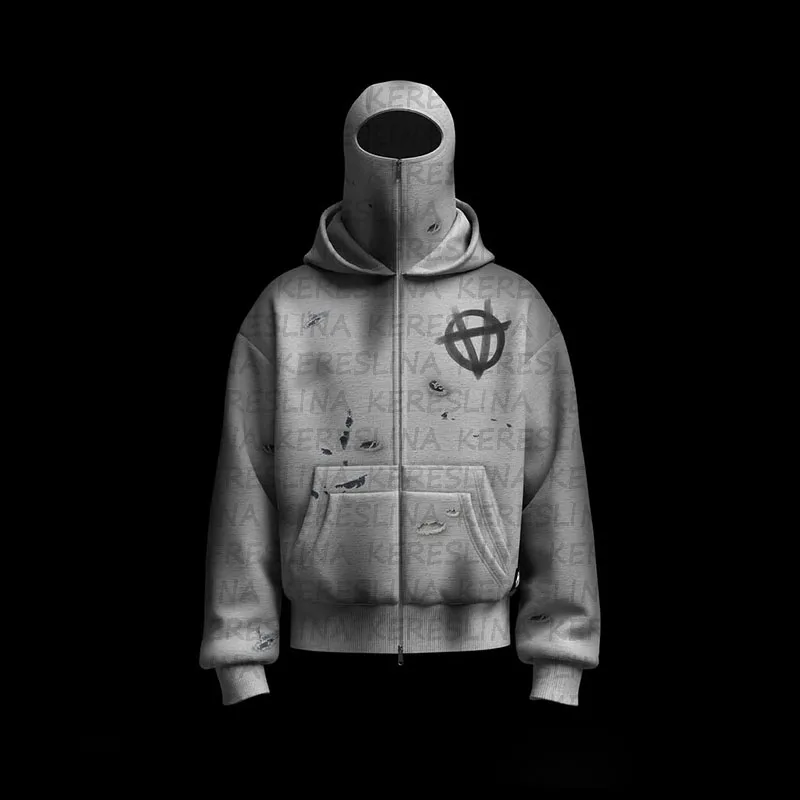 Y2K Vintage Winter Streetwear pár Tops Balaclava integrovaná mikina mužov so Soild Color Ninja Pullover Hip Hop zostrihová mikina
