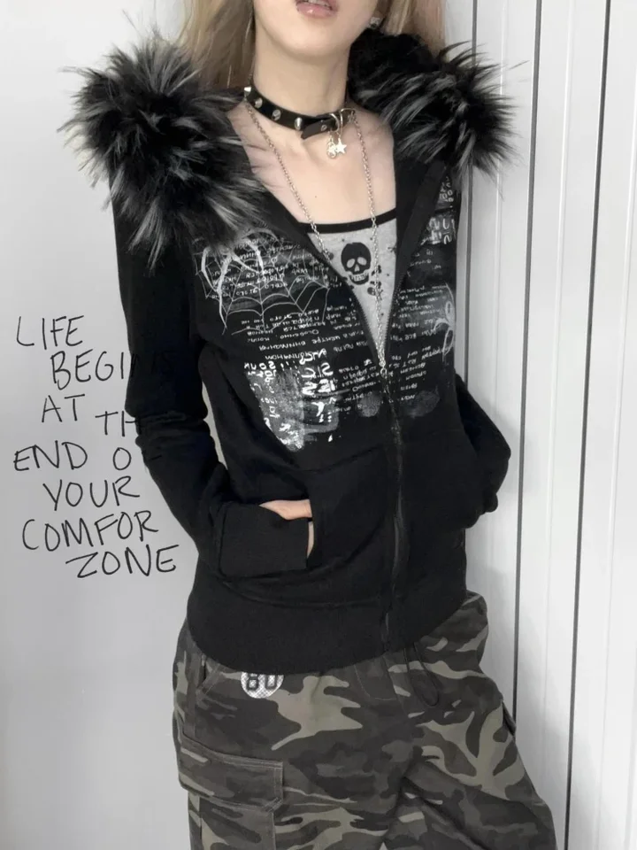 Y2K Women Fur Patchwork Grunge Hoodies Streetwear Vintage Harajuku Gothic Print s kapucňou mikina srsť estetická štíhla bunda 90. roky