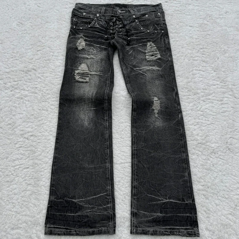 Y2k zúfalé džínsové džínsové džínsy streetwear cat Whisker vzor dvojitý pás