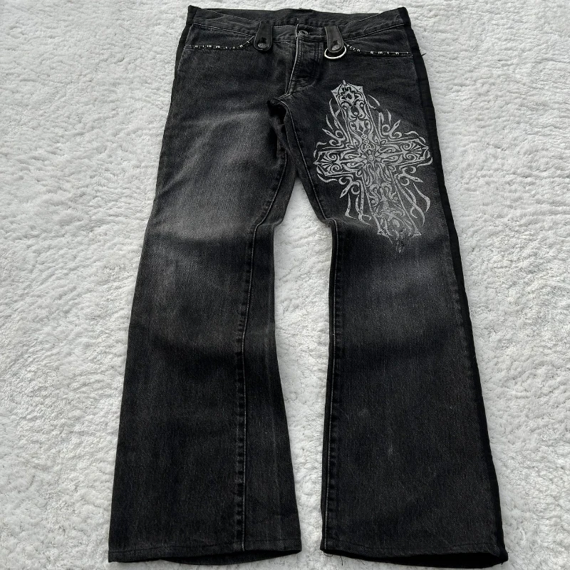 Y2K čierne umyté džínsové nohavice Vintage krížové kožené detail mikro rozšírené džínsy punk High Street Western Cowboy Unisex Streetwear