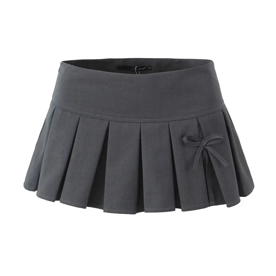 Y2k šedá skladaná sukňa Dámske jarné móda Móda horúca sladká super krátka sukňa Sexy s nízkym páovým lukom zviazaný štíhly mini sukne