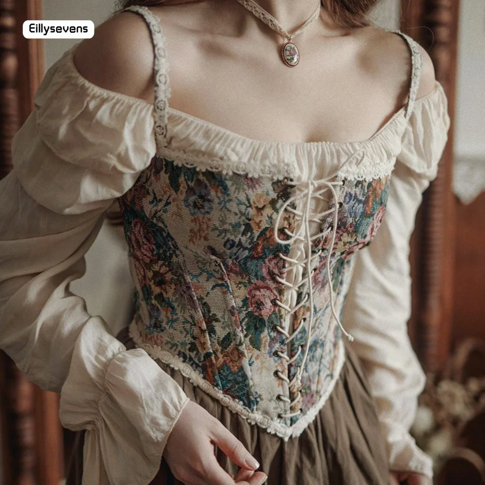 Y2K Ženy Elegantné vintage tlačové vrcholy Halter Tops Chic Bandage Kvetinové korzetové košele francúzske gotické módne jacquard nadmerné korzet