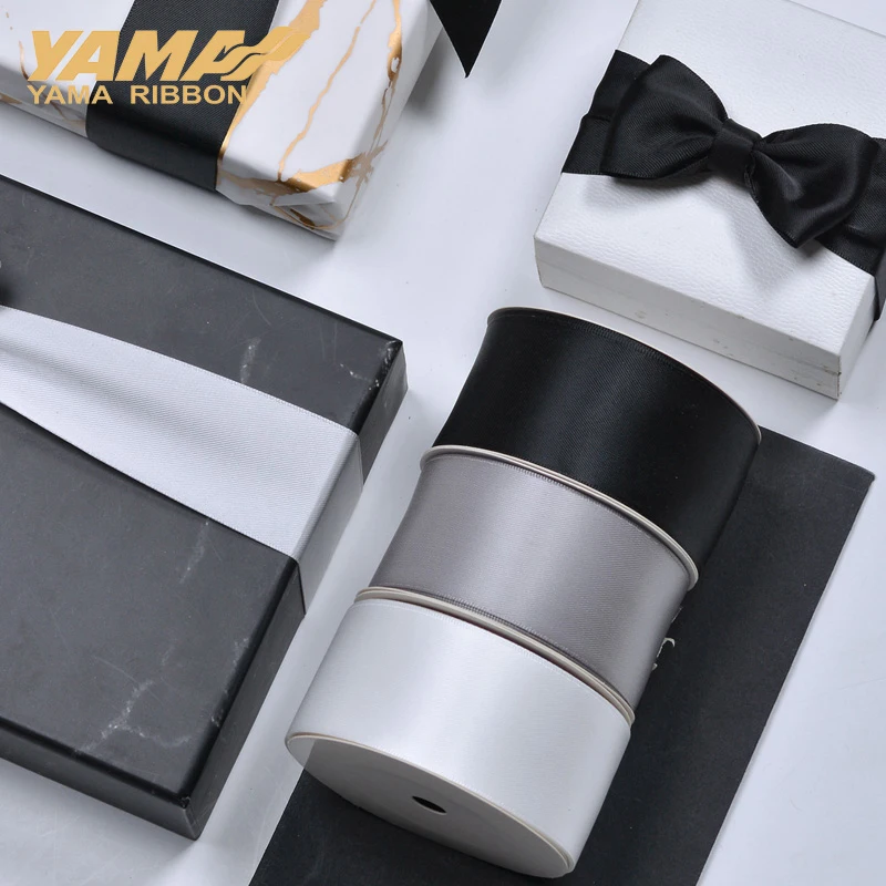 Yama-Single Face Satin Ribbon pre svadobnú dekoráciu, darčeky pre domácich majstrov, čierna, biela, ružová, 50 mm, 57 mm, 63 mm, 75 mm, 89 mm, 100 yards/roll