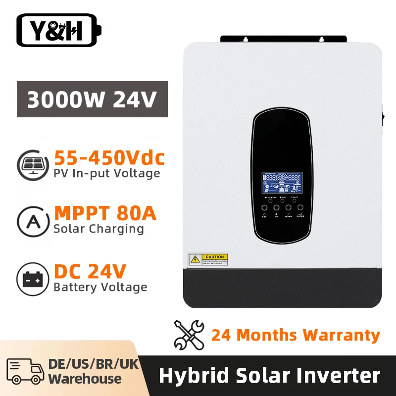 Y&H 3KW 1,8KW Hybridný solárny menič 12V 24V 220V Off-Grid Pure Sine Inverter Zostavený v 80A MPPT solárneho regulátora WiFi WiFi
