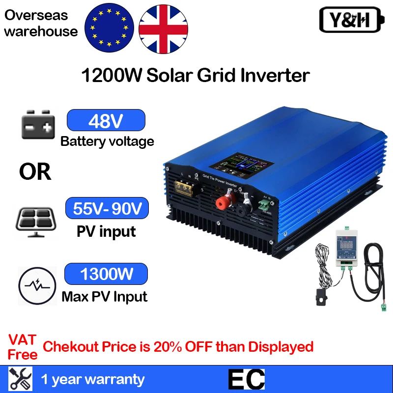 Y&H MPPT 1200W mriežkový solárny invertor s LIMITER LCD displej PV DC 55-90V AC 220V PURE SININ WAVE 48V Nastaviteľná energia batérie