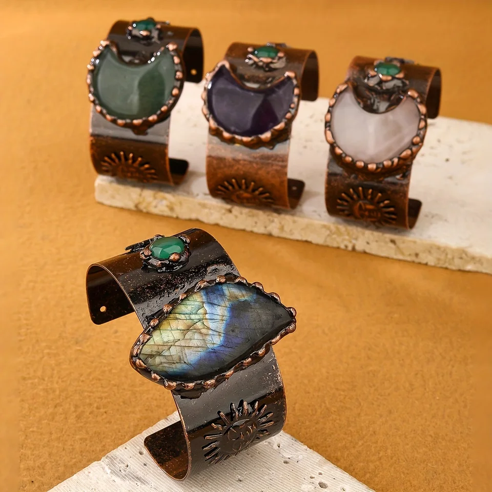 Yeevaa Vintage Cuff náramok s prírodným kameňom a slnkom, Mesiac, Open Design Hviezda, ideálny pre párty a slávnosti