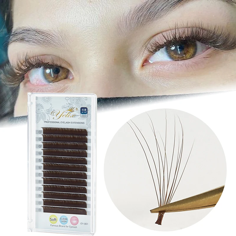 Yelix tmavo hnedé ľahké ventilátory predĺženia rias C/D Curl Mix 8-15 mm individuálne ombre riasy vysokokvalitné kvitnúce riasy