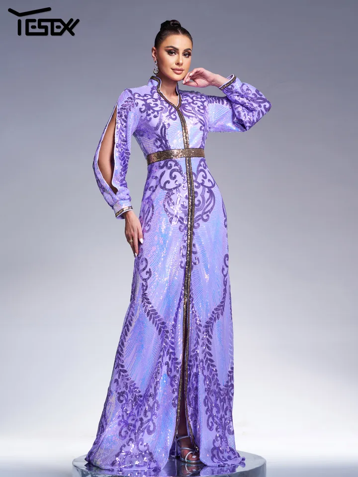 Yesexy New Purple Church Dress V Flitry Flitry Večerné šaty Moslimské etnické promenácie svadobné narodeninové oslavy Formálne šaty