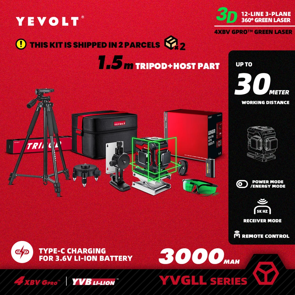 Yevolt Green Laser Level Yvgll4xS12T séria 3-roviny 12-riadkovú samolilnú 360 3D vodorovnú a vertikálnu energiu x 1 Nástroje na meranie