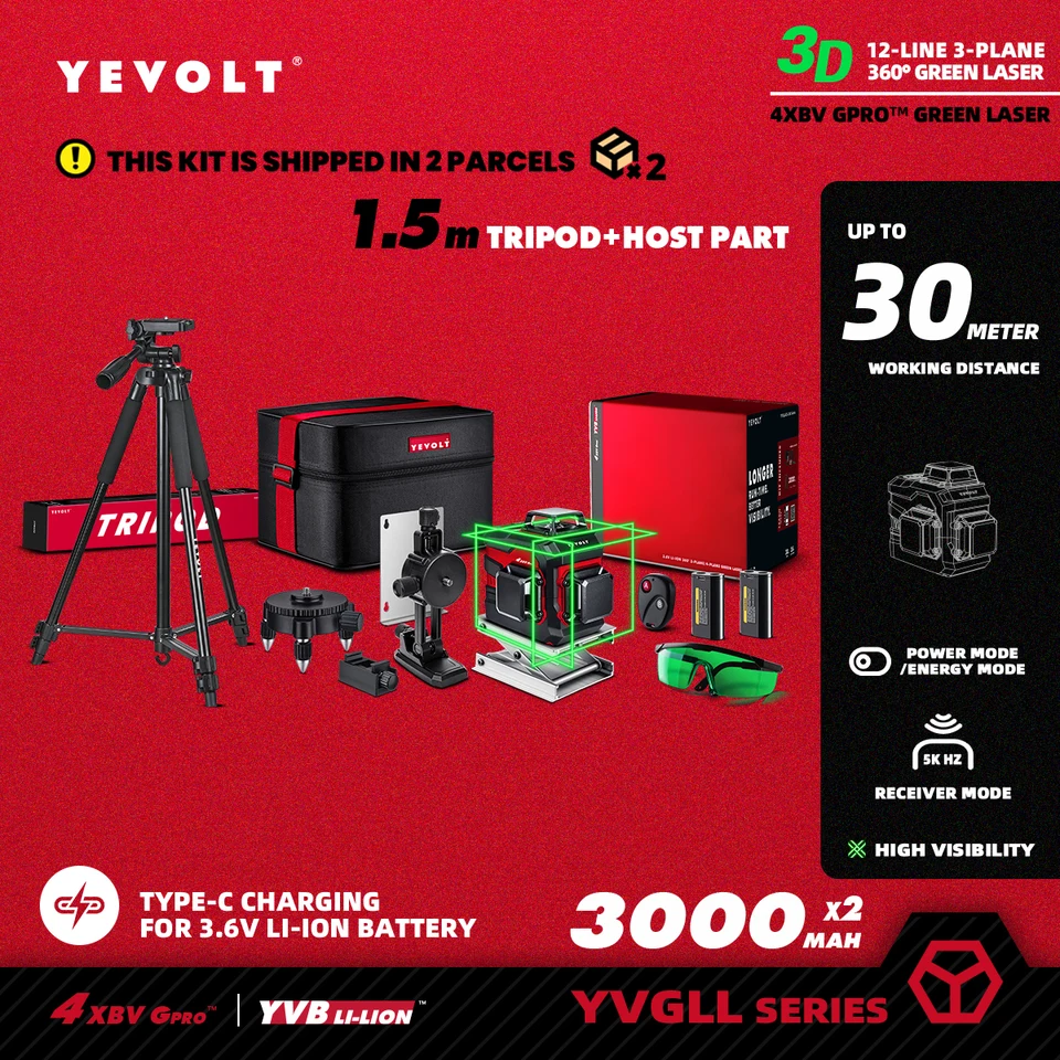 Yevolt Green Laser úroveň 3-roviny 12-riadkovej horizontálnej a vertikálnej samoznámenia 360 3D Power x 2 Merací nástrojov-yvgll4xs12 séria