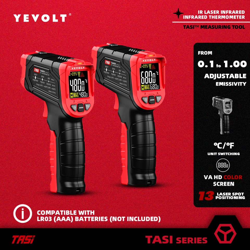 Yevolt TA601 Digitálny infračervený teplomer ručný nekontaktný IR laserová teplota tepelnej teploty Gun Point VA HD Color Screen Screen