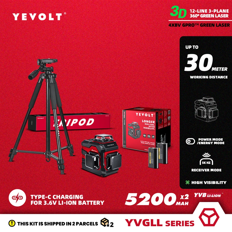 Yevolt TP-YVGLL4XS12PRODP 12-riadok 360 ° 3-rovinná súprava zelenej laserovej úrovne s 2x 5200 mAh Power-1,5M statívom-3D samostatná úroveň