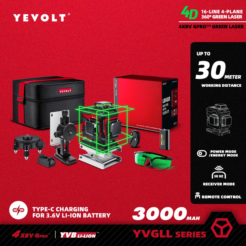 Yevolt yvgll4xs16b2p séria zelená laserová úroveň 4-roviny 16-riadkovú hodnotu 360 3D horizontálne a vertikálne nástroje na meranie energie