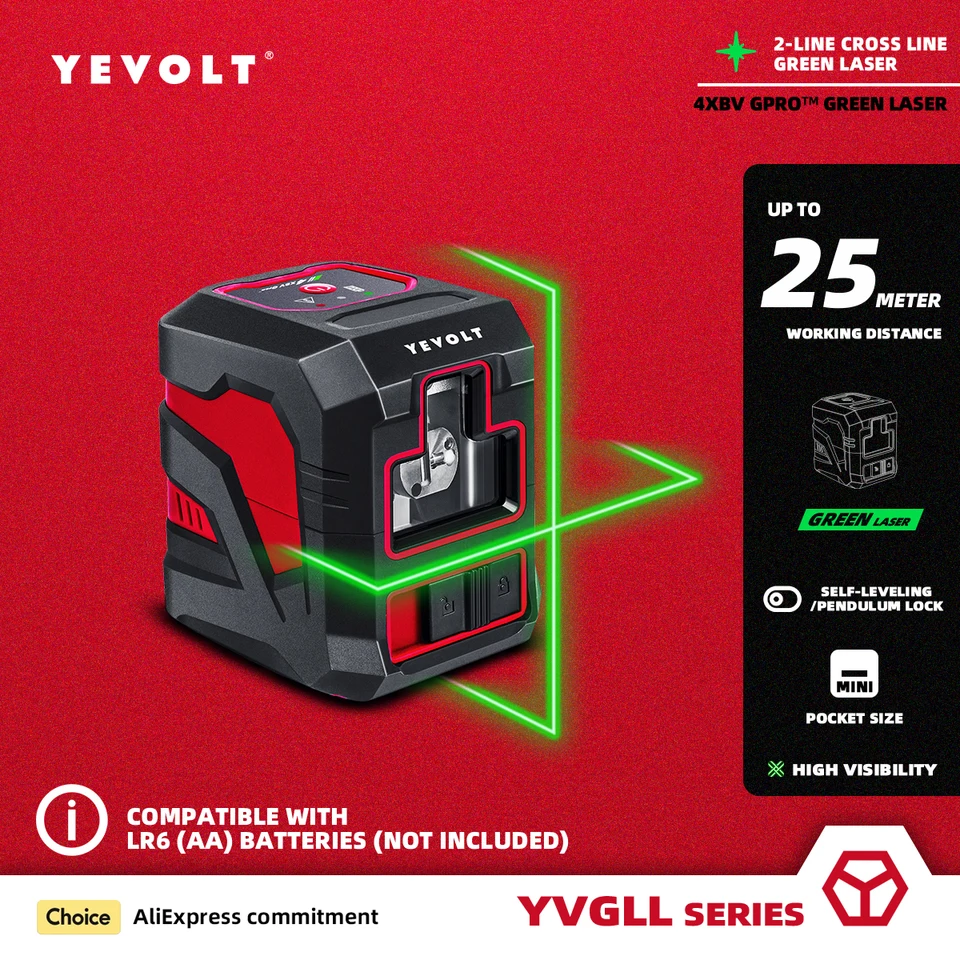 Yevolt yvgll4xs2 Series Green Laser úroveň Krížový riadok 2-riadku samoúčelnú prenosnú prenosnú ľahkú energiu merania energie Domáce použitie