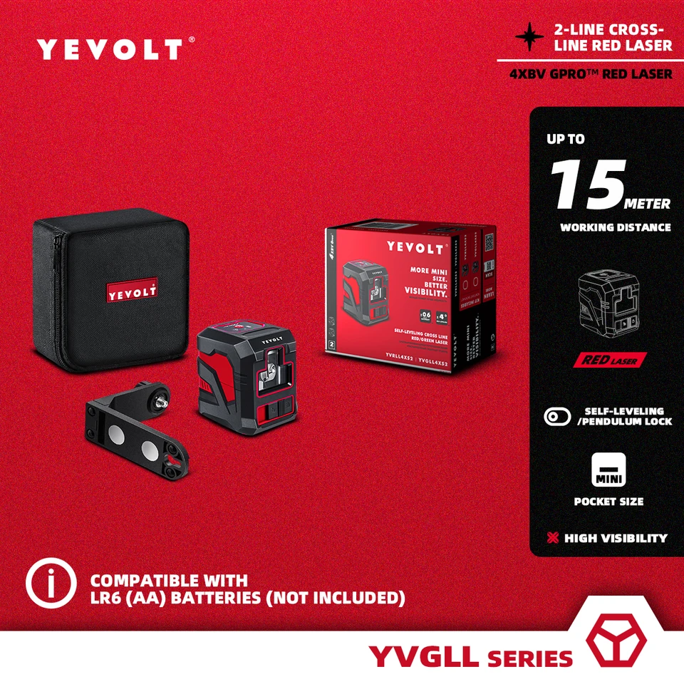 Yevolt yvrlll4xs2b1 krížový riadok Červená laserová súprava self-stanovujúceho DIY Project Project 2-Line Efektívny nástroj na meranie rozloženia a zarovnania