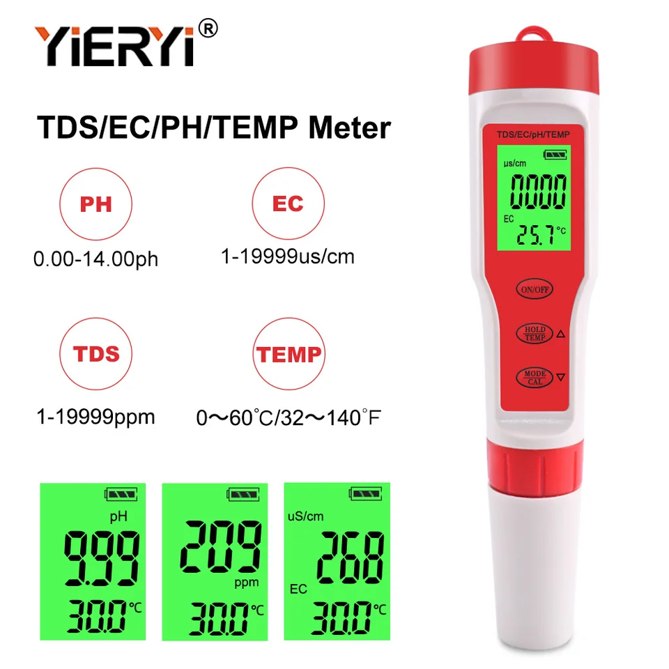 Yieryi 4 v 1 pH TDS EC Temp meter digitálny tester kvality vody 0,01 Vysoký presný akváriový bazén hydroponická kyslosť