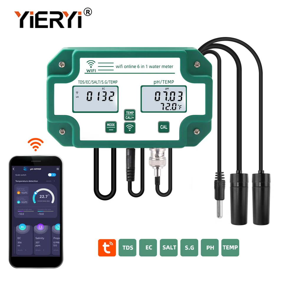 Yieryi WiFi inteligentné akvárium pH meter yy-w9909 digitálny pH Ec Ec tds soľ SG Temp voda Tester