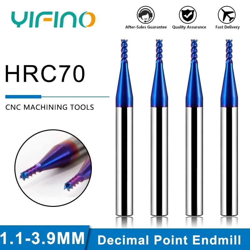 Yifino HRC70 4-Flute Tungsten oceľový karbide karbid modrá nano poťahovanie desatinná múžka mletia Cutter CNC Center Center koncový mlyn Nástroje