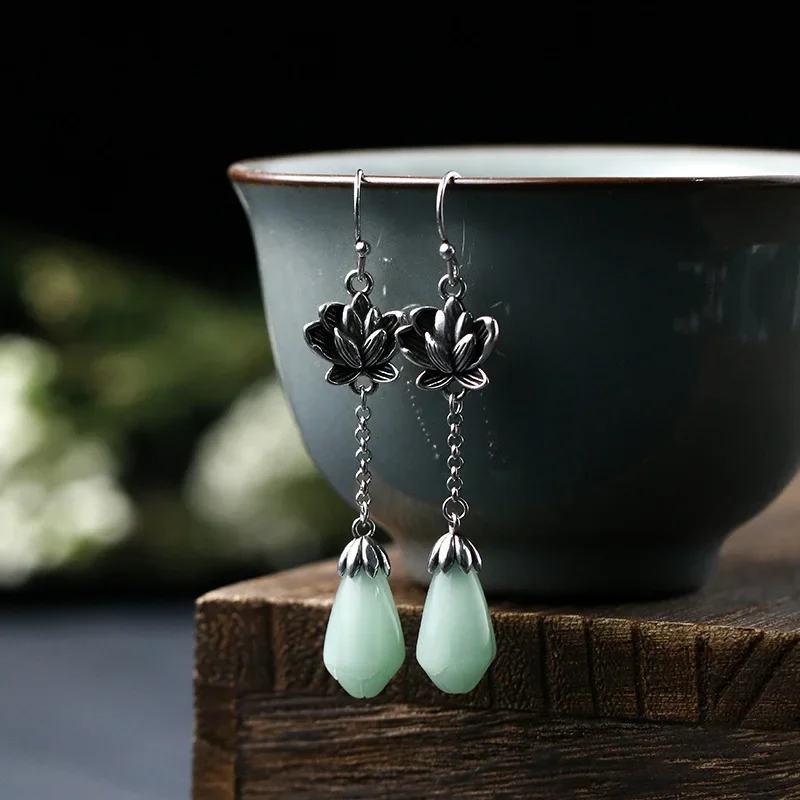 Yiluocd vintage boho lotos kvetinové náušnice 925 Sterling Silver Jade Stone Drop náušnice pre ženy Amulet šperky vianočný darček