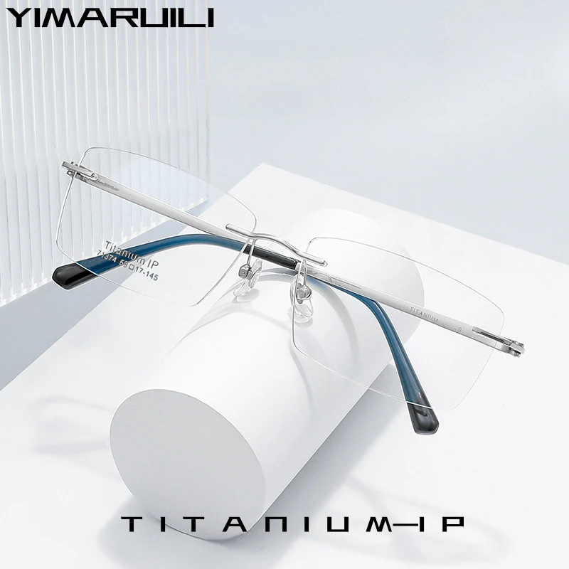 Yimaruili Business Rimless Glasses Men's Ultra-Light Pure Titanium Square Big Face Optické predpisové okuliare Rám 71374