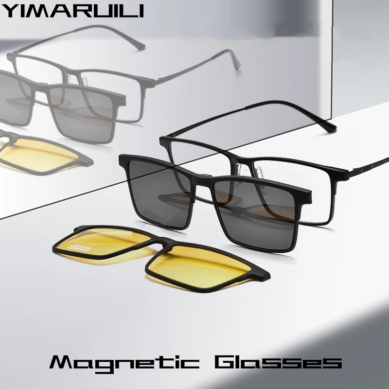 Yimaruili Nové magnetické klipy Polarizované slnečné okuliare, ktoré jazdia UV Pure Titanium Square Optické predpisové okuliare Rám Men t93010y