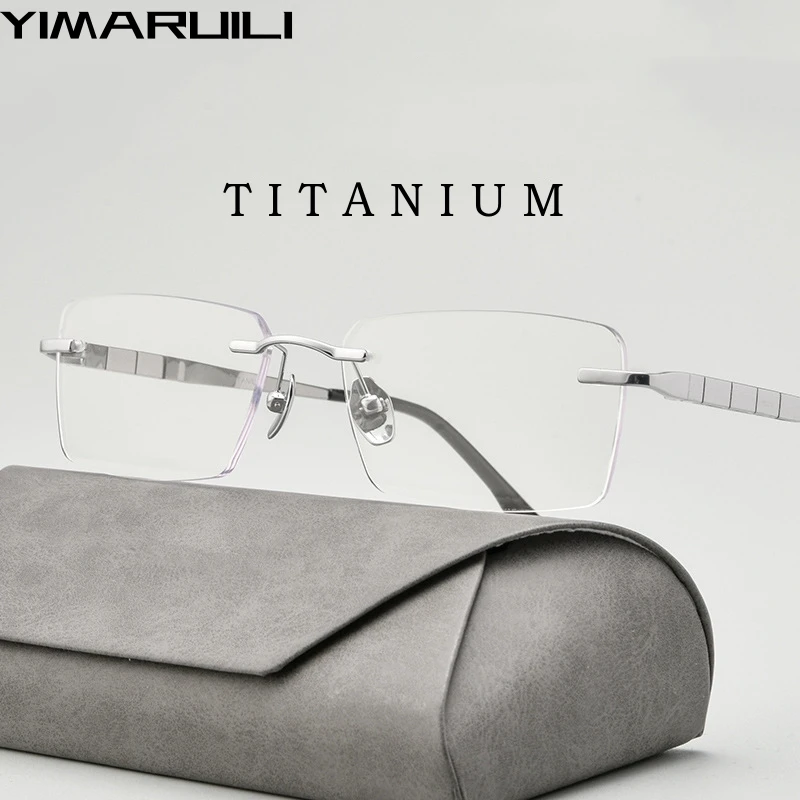 Yimaruili Nové ultra-svetlo obchodné štvorcové okuliare móda retro čistý titánový optický predpis okuliare Rimless Glasses Men F91092T