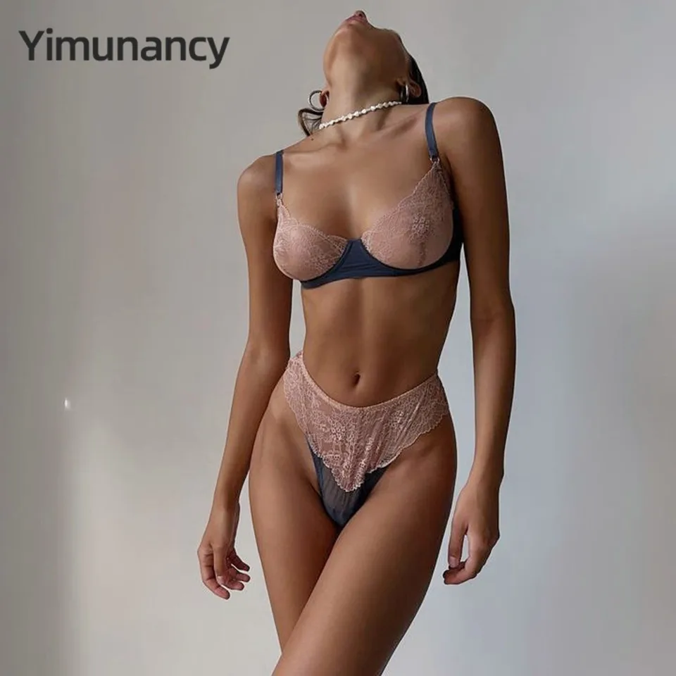 Yimunancy 2-diel čipka podprsenka sada žien kontrast farby priehľadná vintage erotická súprava patchwork breif