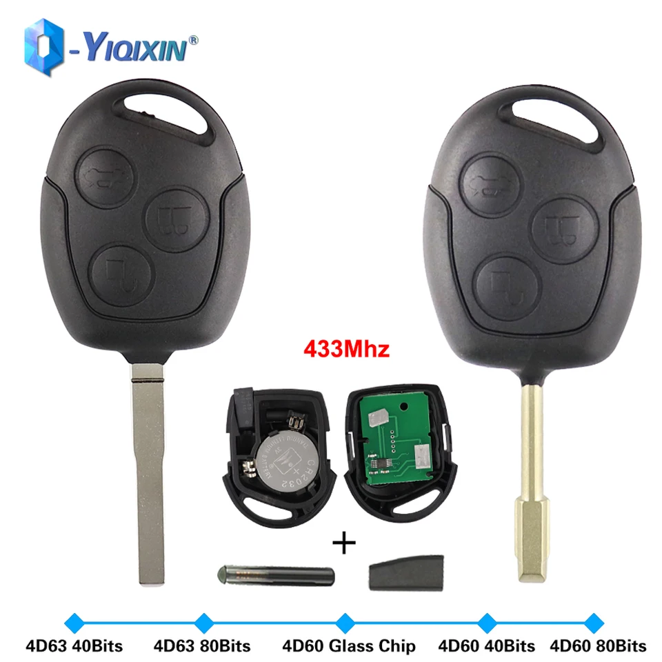 Yiqixin Smart Remote Car Key 3 tlačidlá FOB pre Ford Focus 2 Fiesta Transit Mondeo Fusion Galaxy 433MHz 4D60 4D63 40/80 BITS Čip