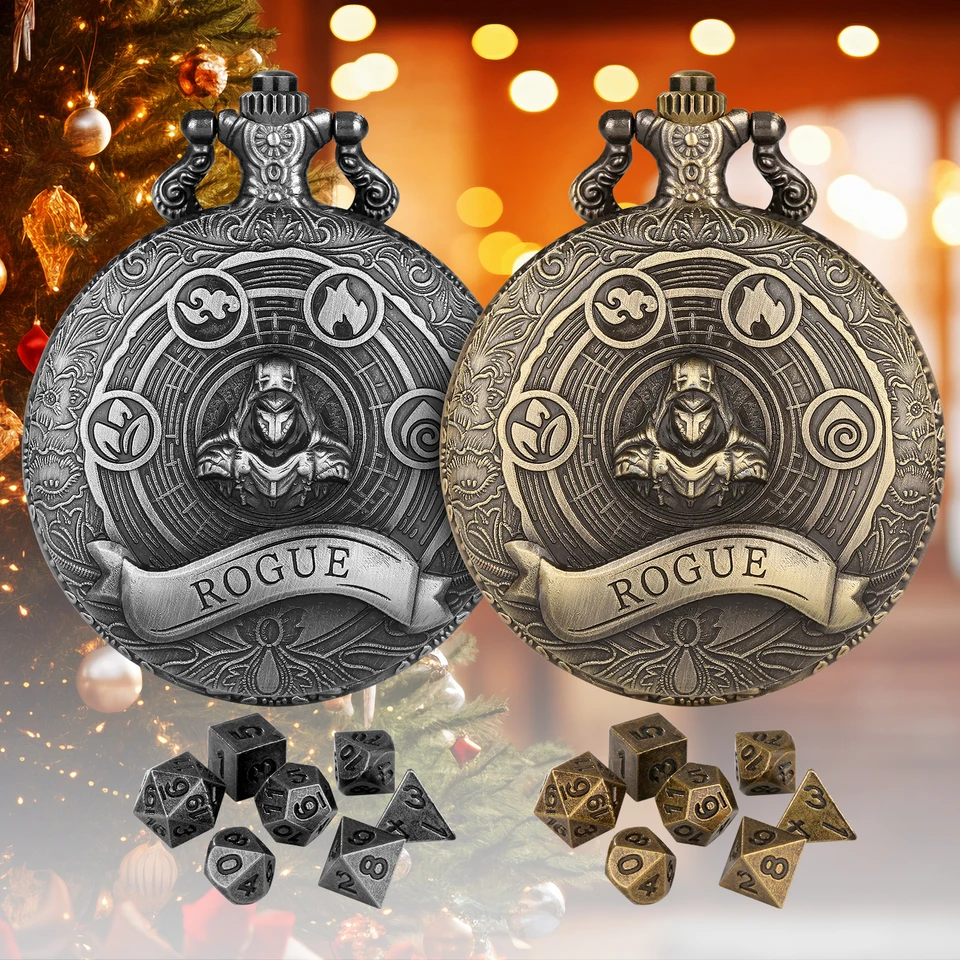 Yisuya Mini DND DICE Set, puzdro Rogue Pocket Watch Shell, 7ks polyhedrálne kovové kocky DND, kocky s roleplaying