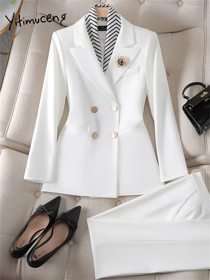 Yitimuceng Slim Office Ladies Dva kusové súpravy Dámske 2023 Nové dvojité Breyed Otočenie goliera Blazers Elegantné mini sukne obleky
