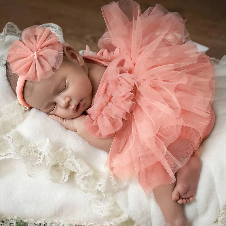 YLSTEED VIOLET Novonarodený outfit pre obrázky pletené detské fotografie Romper so zodpovedajúcimi čelenkami sieťoviny