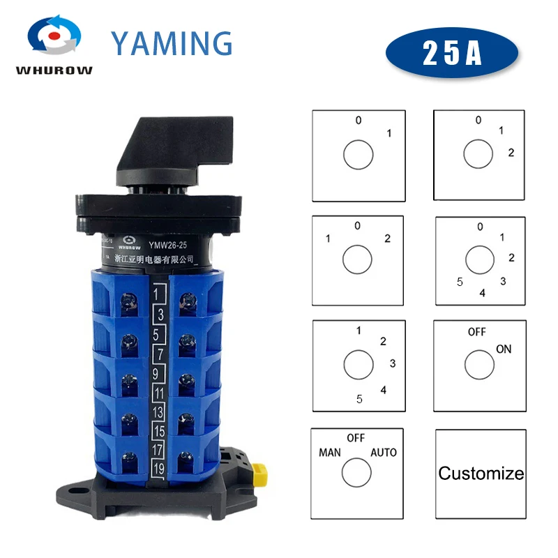 YMW26-25/5 DIN Rail namontovaná na vymenovanie Rotary Cam Switch Selector Strieborný kontaktný riadiaci motor LW28 LW26-25A