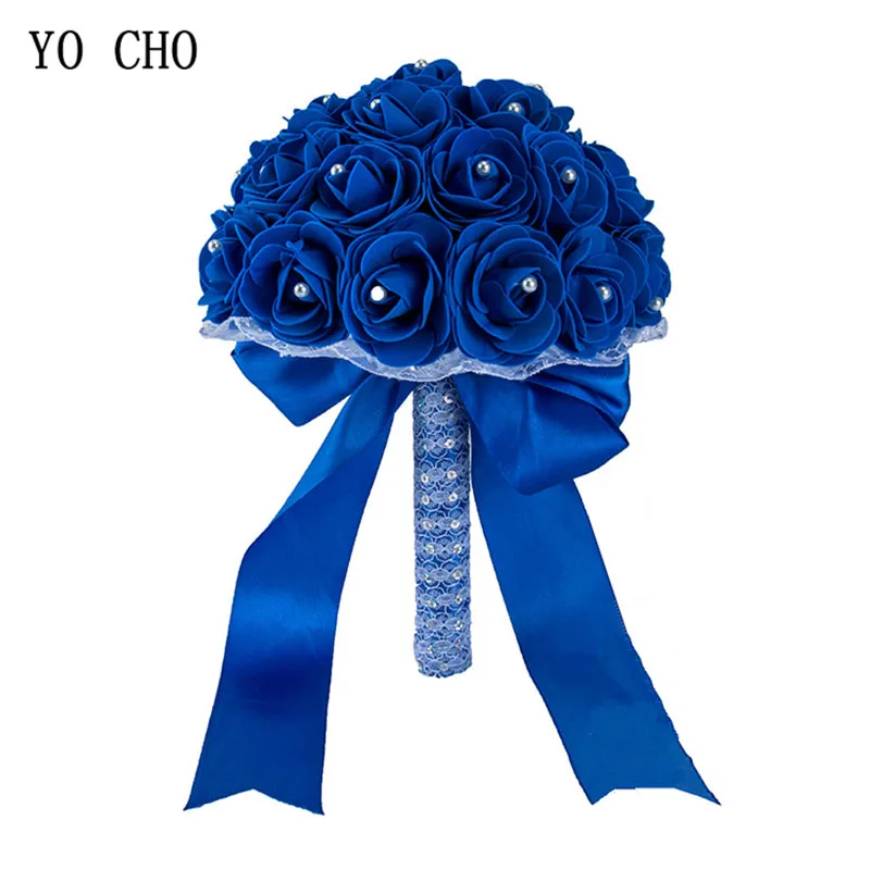 Yo Cho Royal Blue Color Svadobná svadobná kytica umelé kvety modrá svadobná kytica pre družičky
