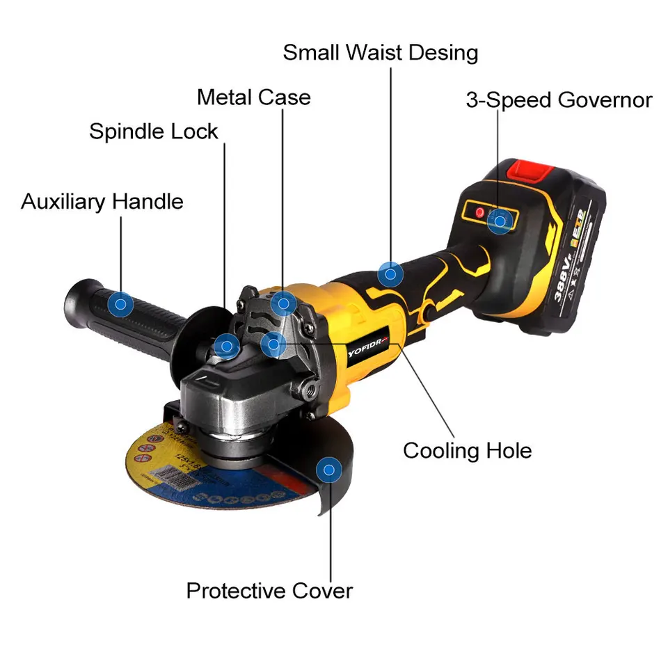 *Yofidra 125 mm bez kefy bez brúsky 1280W 3 Gears Variabilný brúsny stroj Rezanie dreva pre drevené výrobky pre batériu Makita 18V