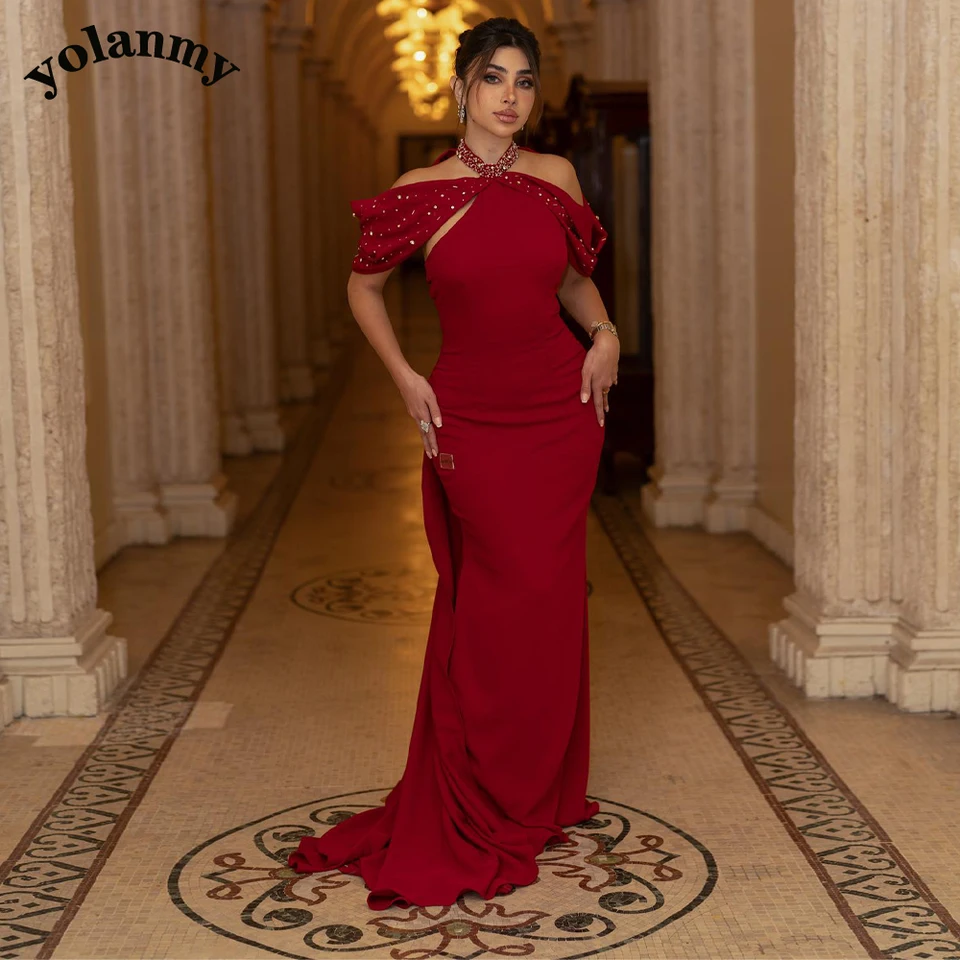 Yolanmy Elegantná matka nevesty šaty halter morská panna kamienky bez rukávov bez rukávov dámske večerné šaty prispôsobené