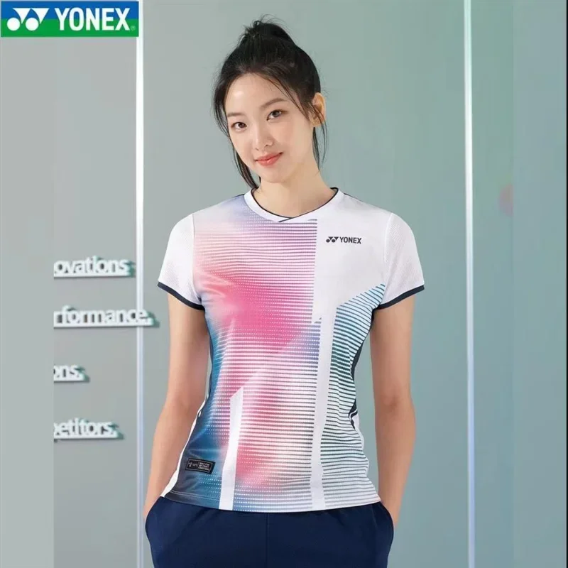 Yonex Pánske a dámske bedmintonové nosenie tenisových vrcholov s krátkym rukávom s krátkym vysuchom potu, ktorý absorbuje, tričko