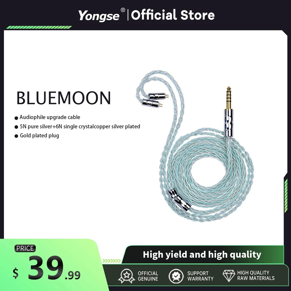 Yongse Bluemoon 5n Pure Silver 6n Strieborné kábel meďnatého slúchadla 0,78 IE200 N5005 Simogt Epz TFZ TFZ Tangzu CVJ Assassin