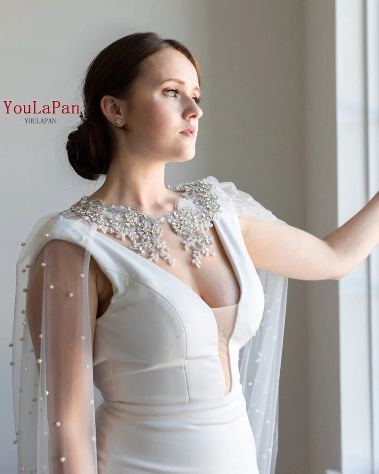 YouLapan G56 Pearls Perls Wedding Shawl Cape Cape Svadobné svadobné plášť elegantné dámske kabáty na svadobnú večierok DIY